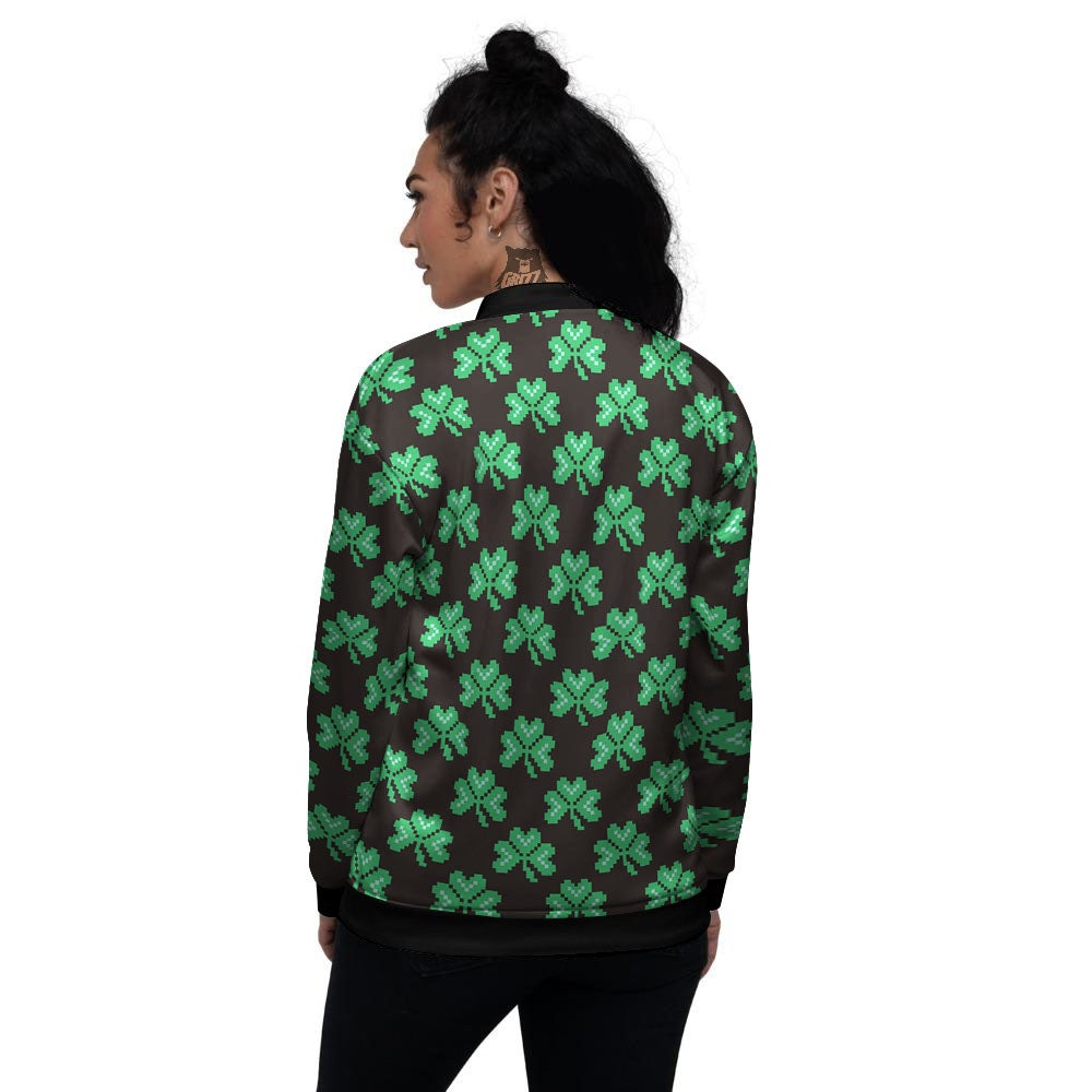 St. Patrick's Day Pixel Clover Print Pattern Women's Bomber Jacket-grizzshop