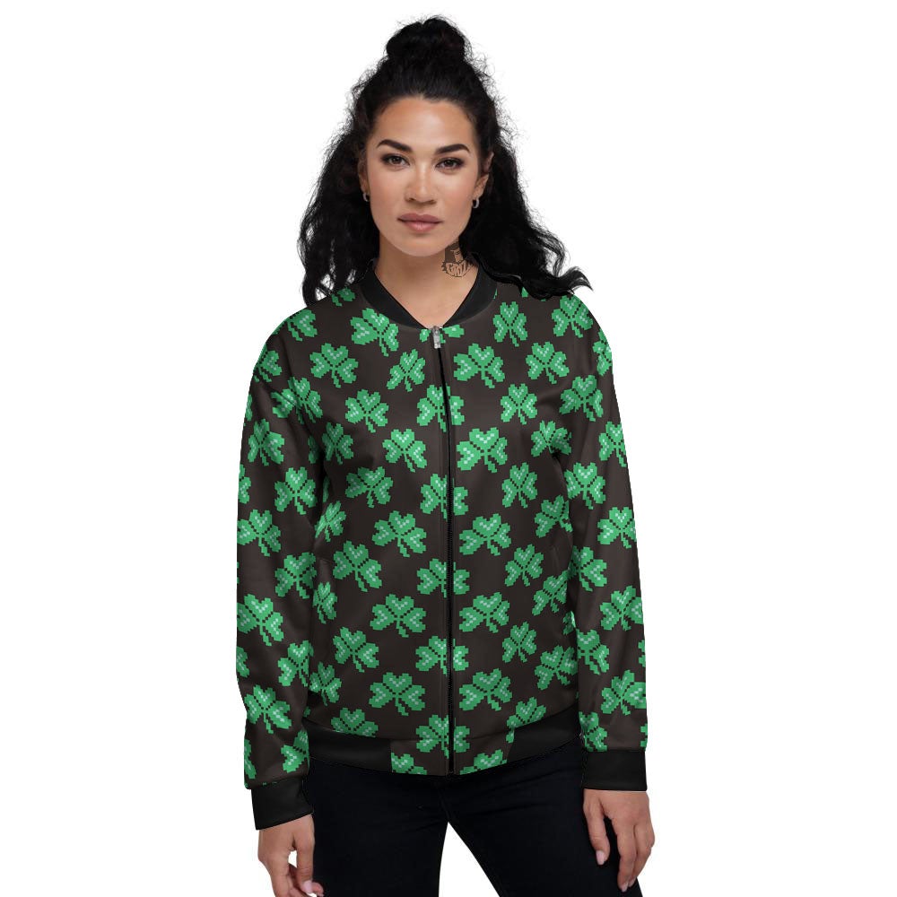 St. Patrick's Day Pixel Clover Print Pattern Women's Bomber Jacket-grizzshop