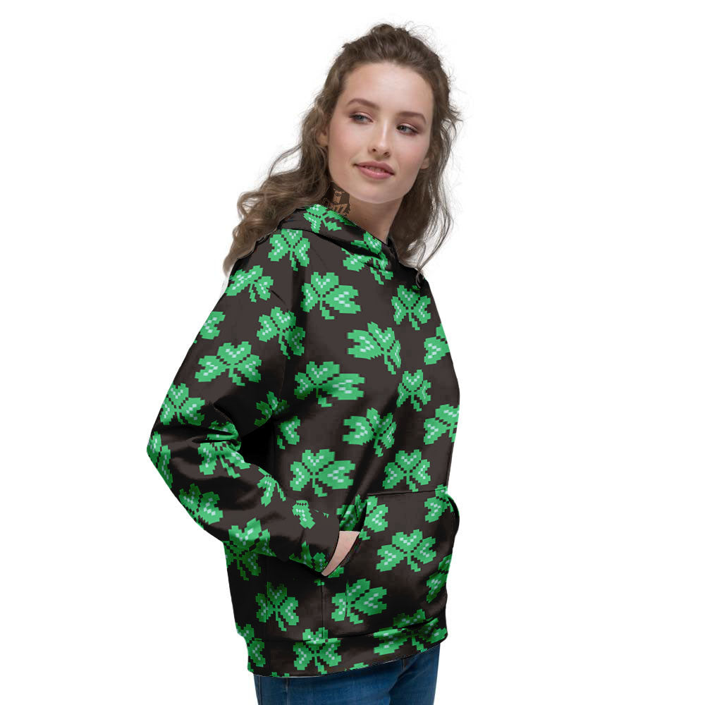 St. Patrick's Day Pixel Clover Print Pattern Women's Hoodie-grizzshop