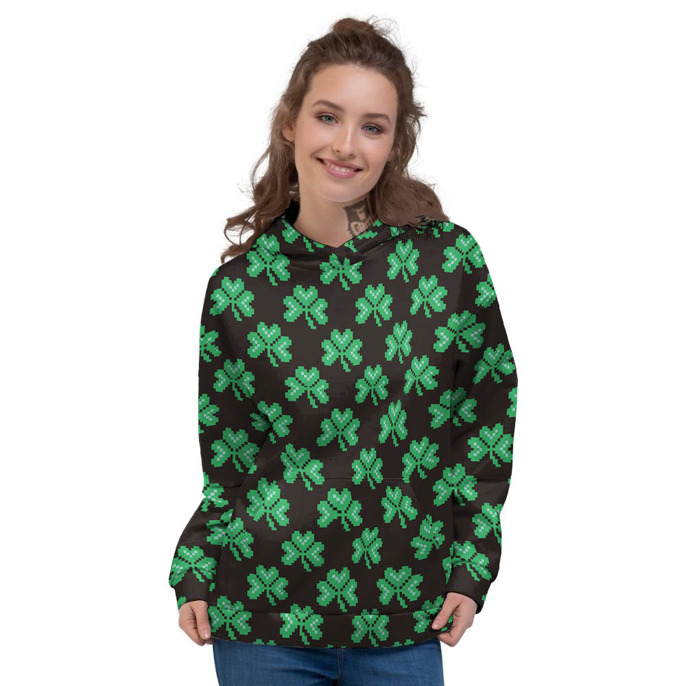 St. Patrick's Day Pixel Clover Print Pattern Women's Hoodie-grizzshop