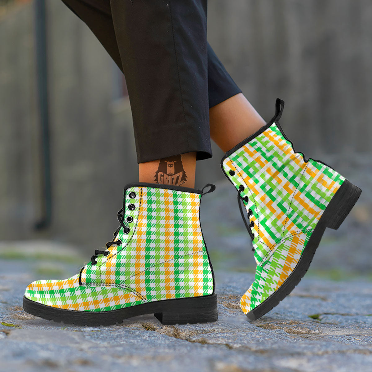 St. Patrick's Day Plaid Print Leather Boots-grizzshop