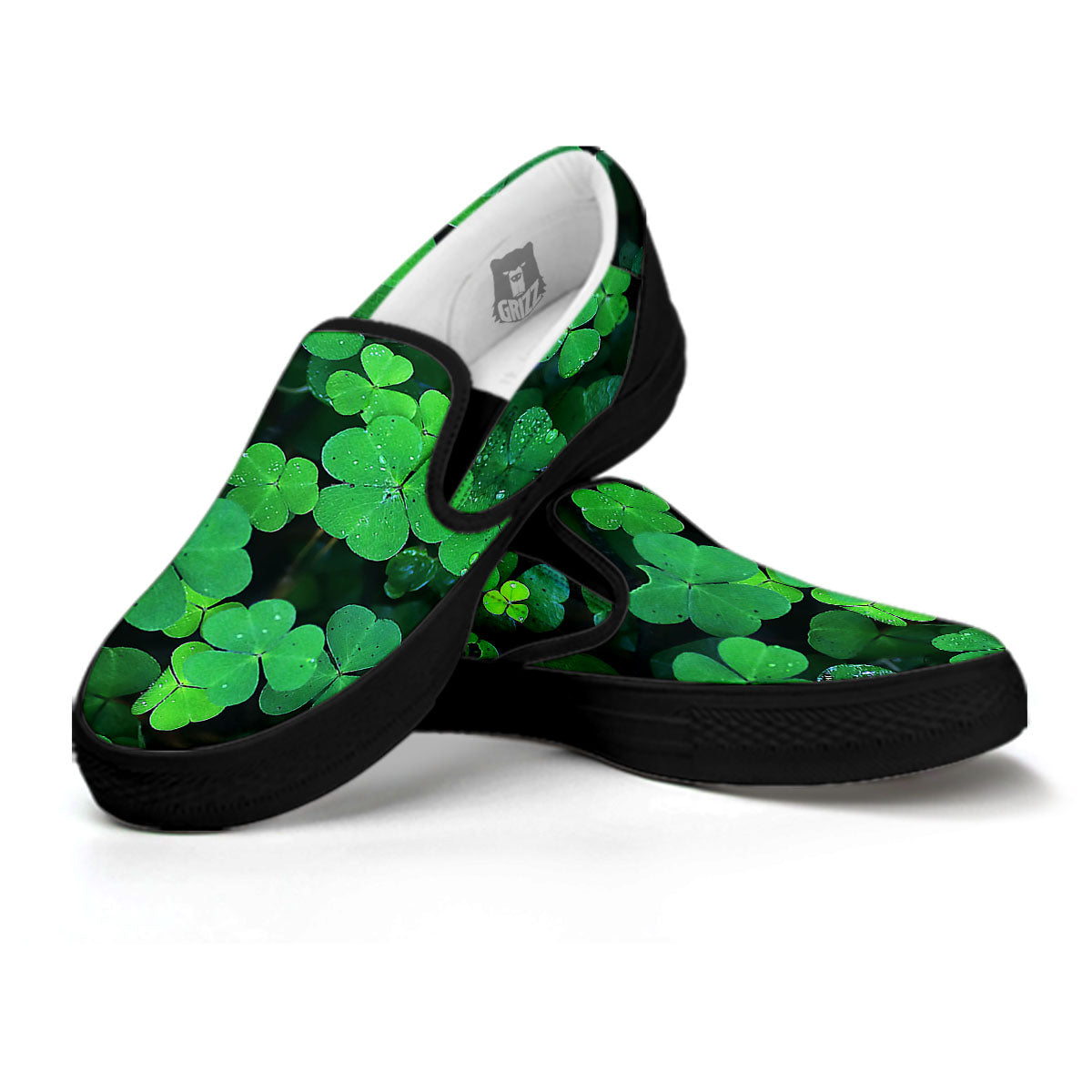 St. Patrick's Day Shamrock Clover Print Black Slip On Shoes-grizzshop