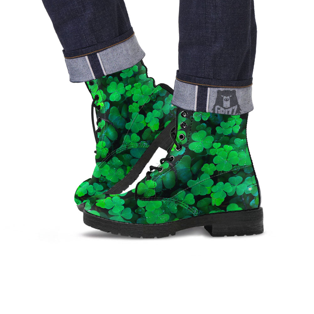 St. Patrick's Day Shamrock Clover Print Leather Boots-grizzshop