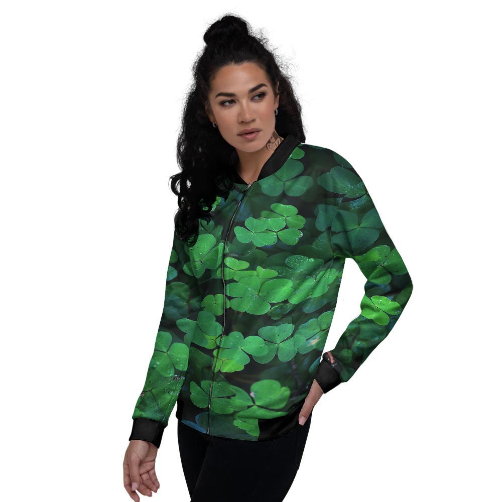 St. Patrick's Day Shamrock Clover Print Women's Bomber Jacket-grizzshop