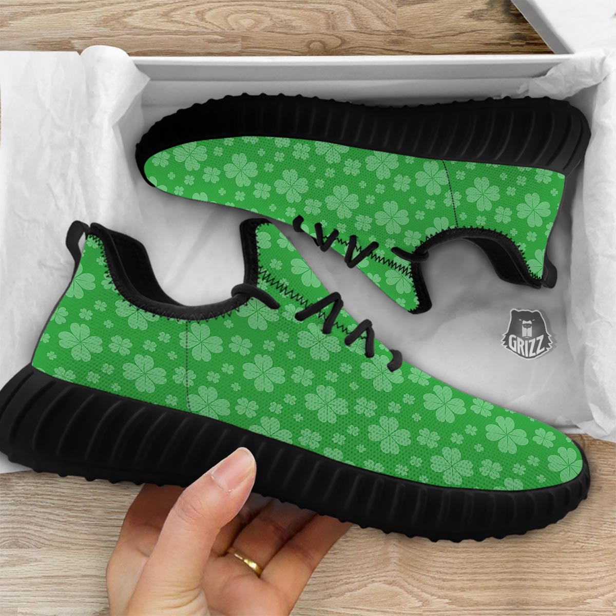 St. Patrick's Day Shamrock Leaf Print Pattern Black Walking Shoes-grizzshop
