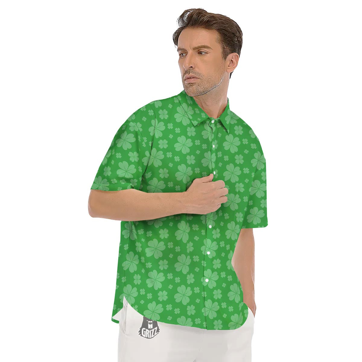 St. Patrick's Day Shamrock Leaf Print Pattern Men's Short Sleeve Shirts-grizzshop