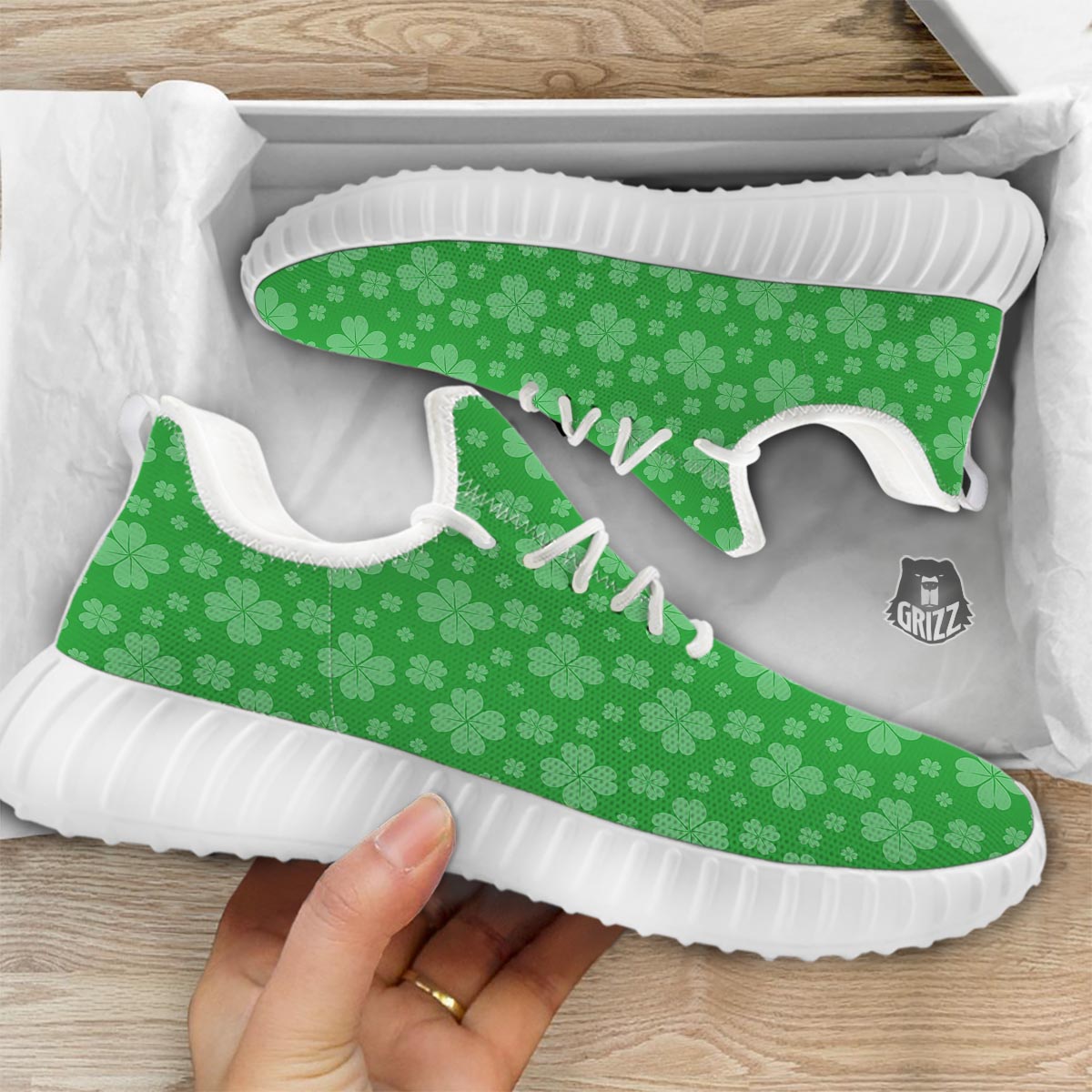 St. Patrick's Day Shamrock Leaf Print Pattern White Walking Shoes-grizzshop