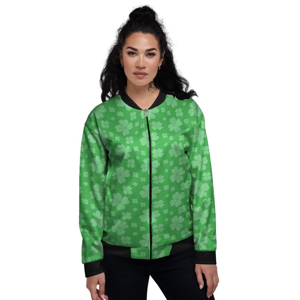 St. Patrick's Day Shamrock Leaf Print Pattern Women's Bomber Jacket-grizzshop