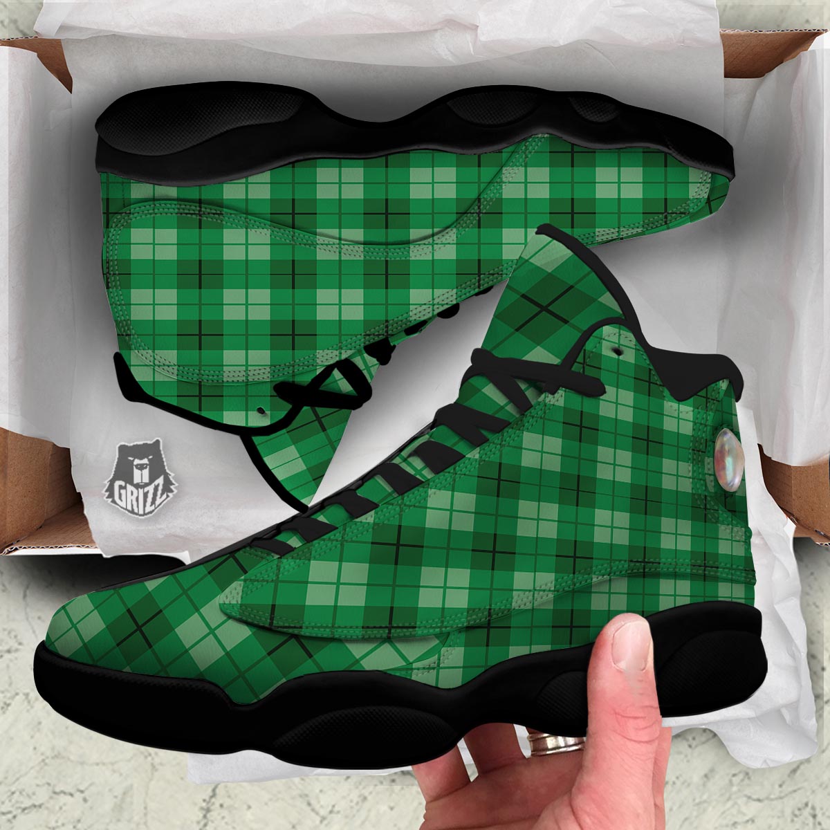 St. Patrick's Day Shamrock Plaid Print Pattern Black Basketball Shoes-grizzshop