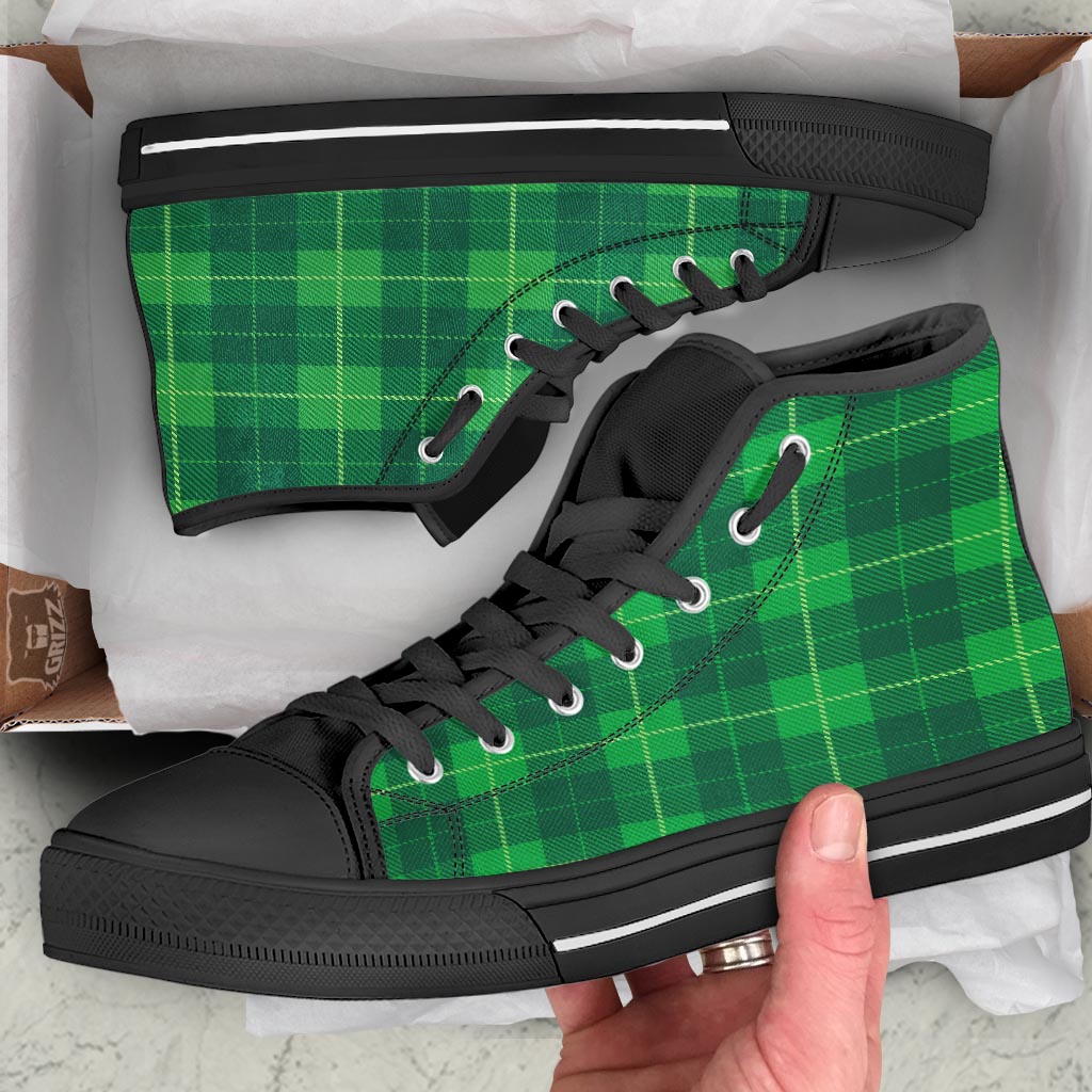 St. Patrick's Day Shamrock Tartan Print Pattern Black High Top Shoes-grizzshop