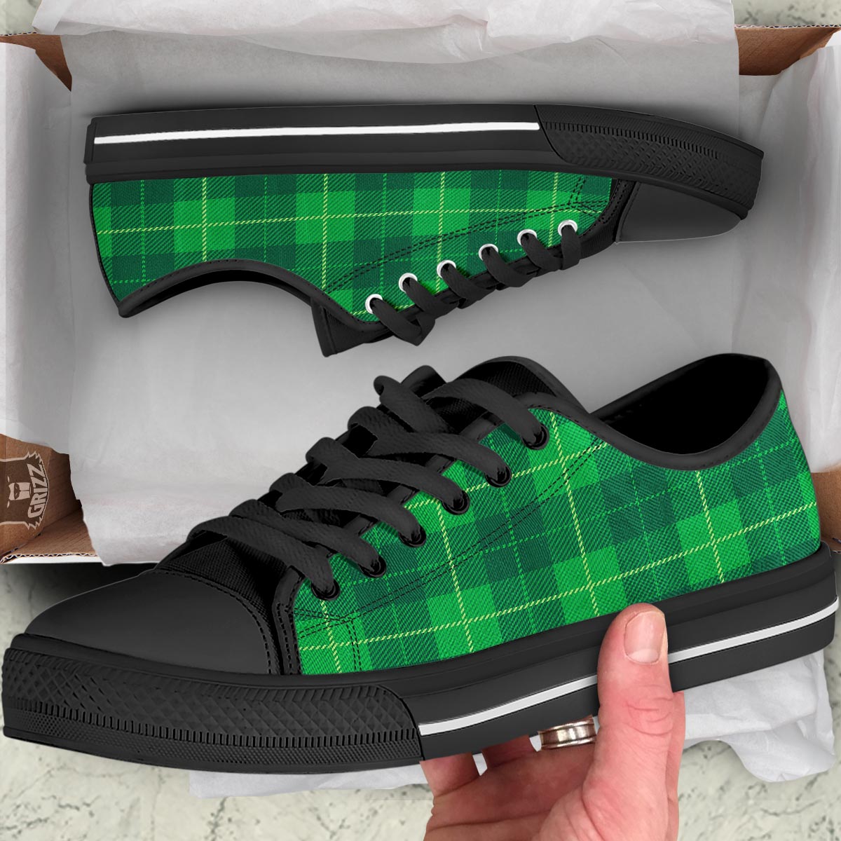 St. Patrick's Day Shamrock Tartan Print Pattern Black Low Top Shoes-grizzshop