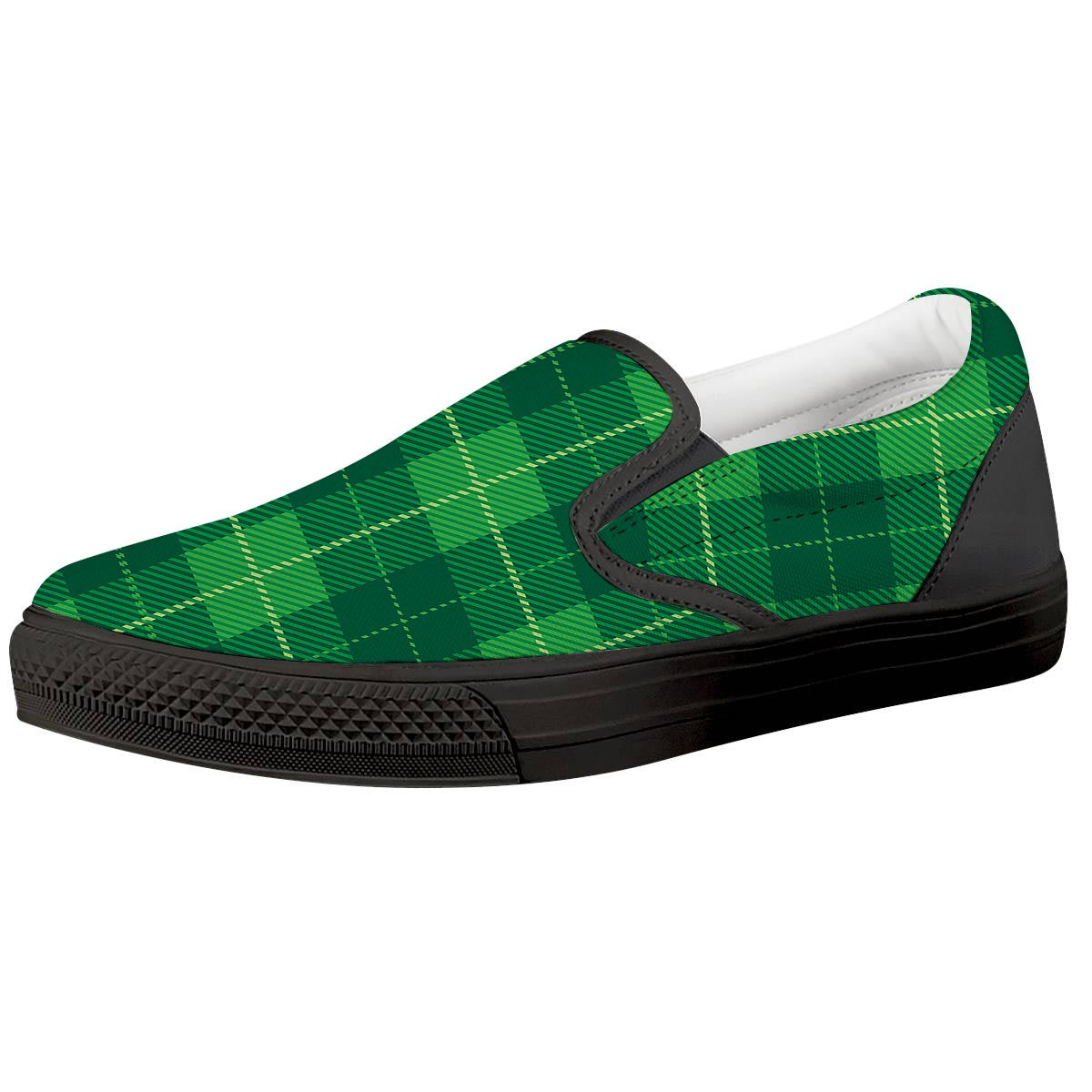 St. Patrick's Day Shamrock Tartan Print Pattern Black Slip On Shoes-grizzshop