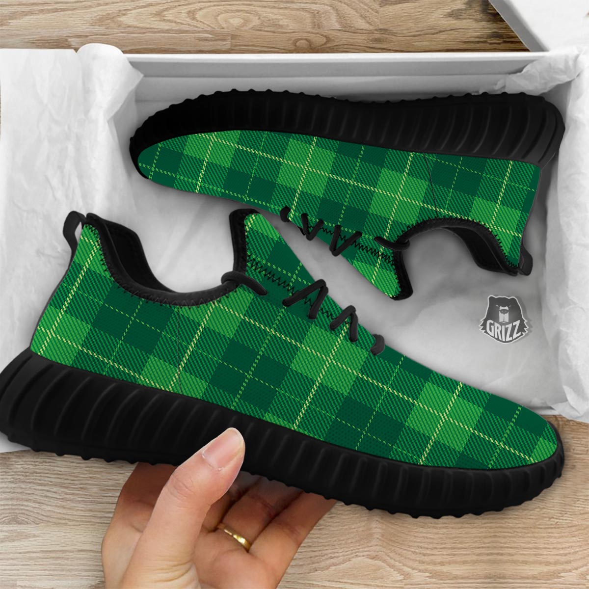 St. Patrick's Day Shamrock Tartan Print Pattern Black Walking Shoes-grizzshop