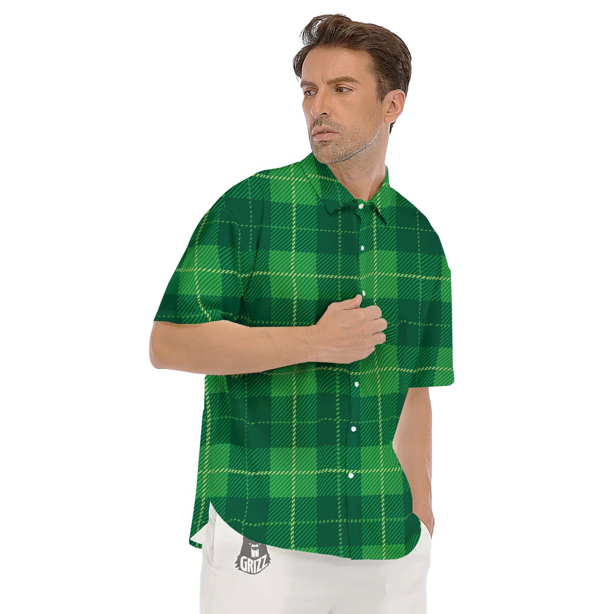 St. Patrick's Day Shamrock Tartan Print Pattern Men's Short Sleeve Shirts-grizzshop