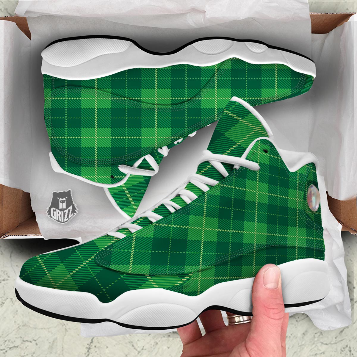 St. Patrick's Day Shamrock Tartan Print Pattern White Basketball Shoes-grizzshop