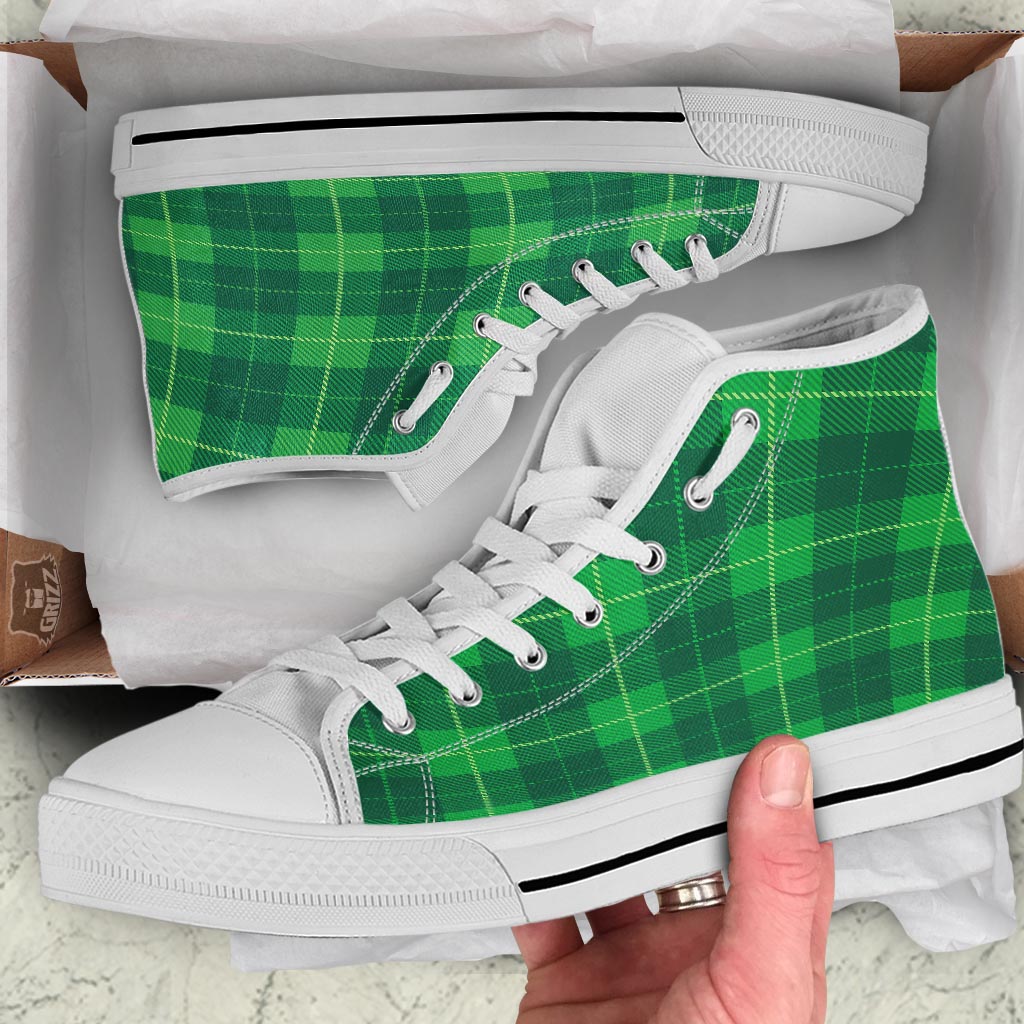 St. Patrick's Day Shamrock Tartan Print Pattern White High Top Shoes-grizzshop