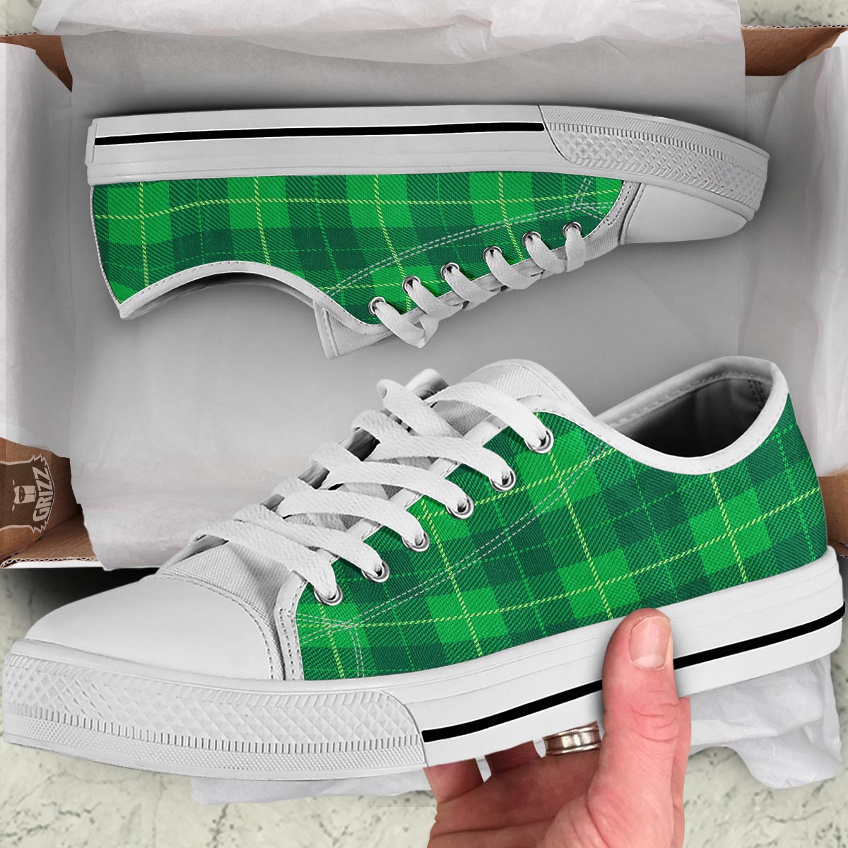 St. Patrick's Day Shamrock Tartan Print Pattern White Low Top Shoes-grizzshop