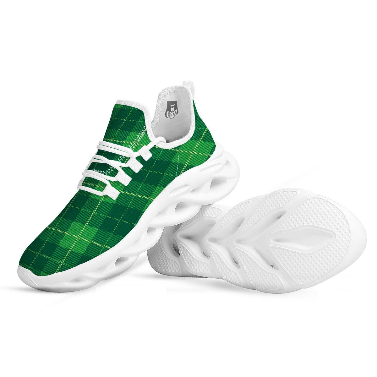 St. Patrick's Day Shamrock Tartan Print Pattern White Running Shoes-grizzshop