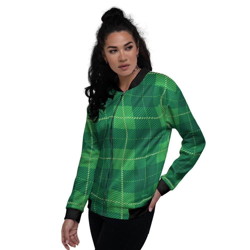 St. Patrick's Day Shamrock Tartan Print Pattern Women's Bomber Jacket-grizzshop