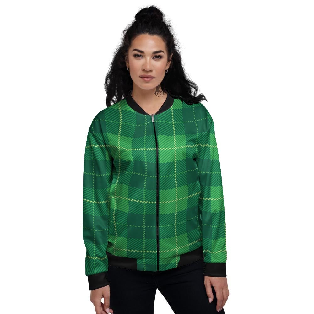 St. Patrick's Day Shamrock Tartan Print Pattern Women's Bomber Jacket-grizzshop