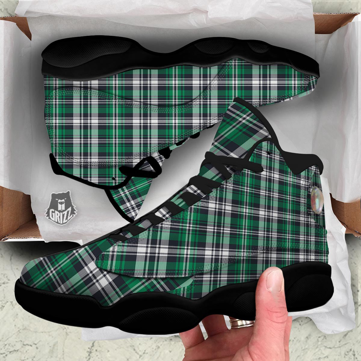 St. Patrick's Day Tartan Shamrock Print Pattern Black Basketball Shoes-grizzshop