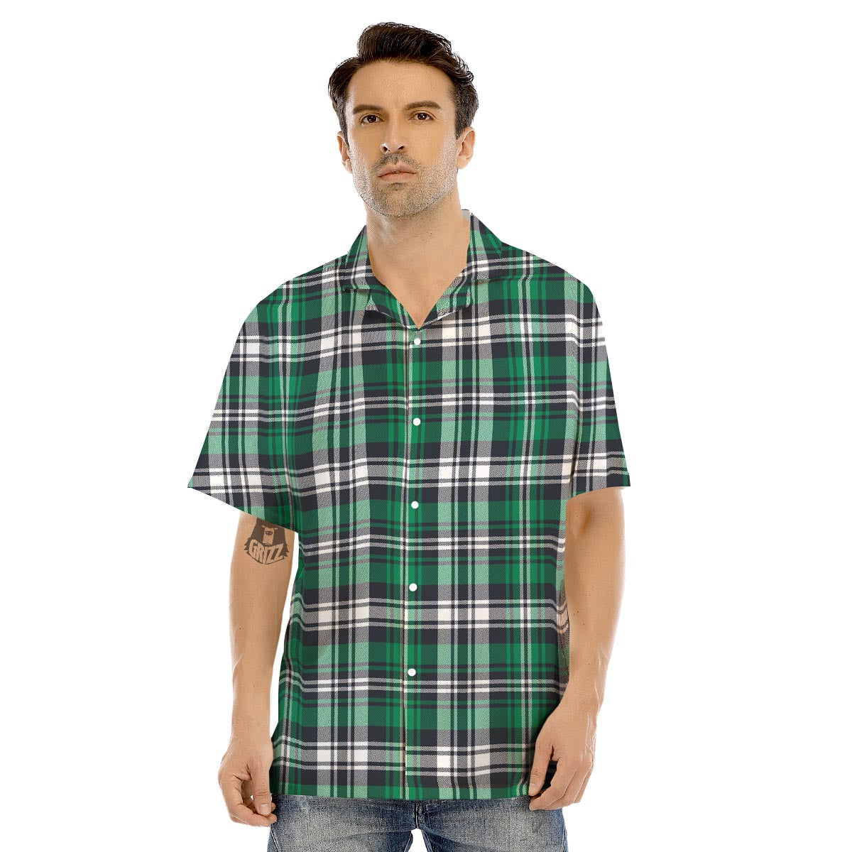 St. Patrick's Day Tartan Shamrock Print Pattern Men's Hawaiian Shirt-grizzshop