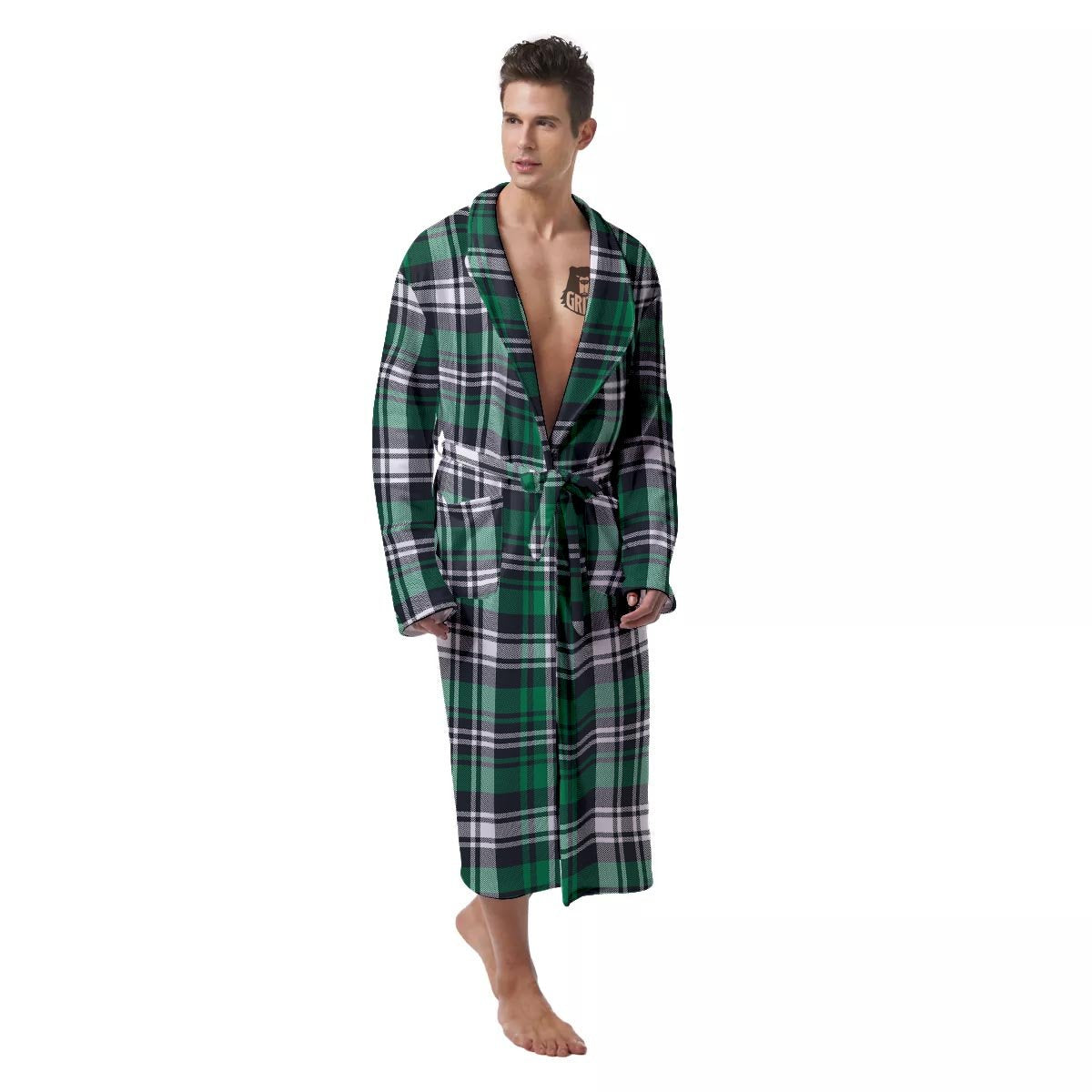 St. Patrick's Day Tartan Shamrock Print Pattern Men's Robe-grizzshop