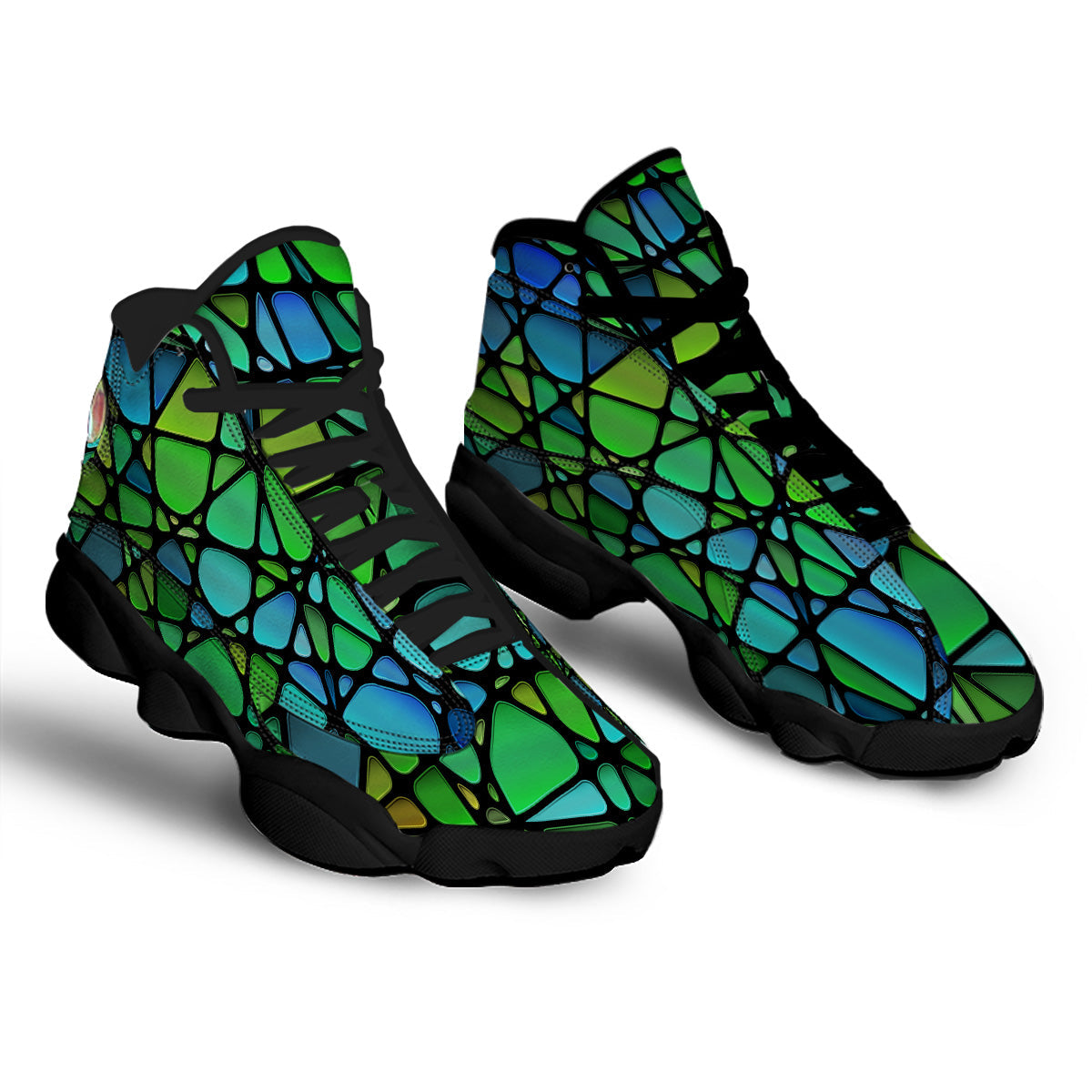 Stained Glass Green And Blue Print Black Basketball Shoes-grizzshop