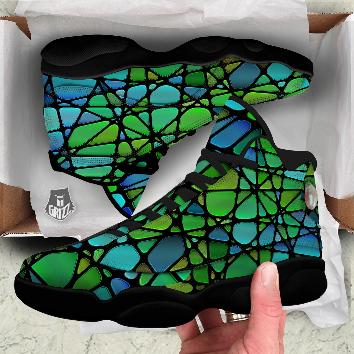 Stained Glass Green And Blue Print Black Basketball Shoes-grizzshop