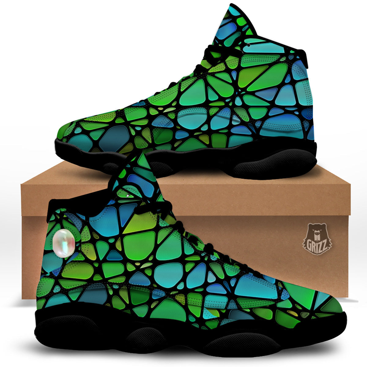 Stained Glass Green And Blue Print Black Basketball Shoes-grizzshop