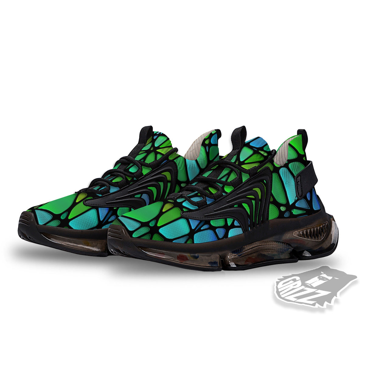 Stained Glass Green And Blue Print Black Gym Shoes-grizzshop