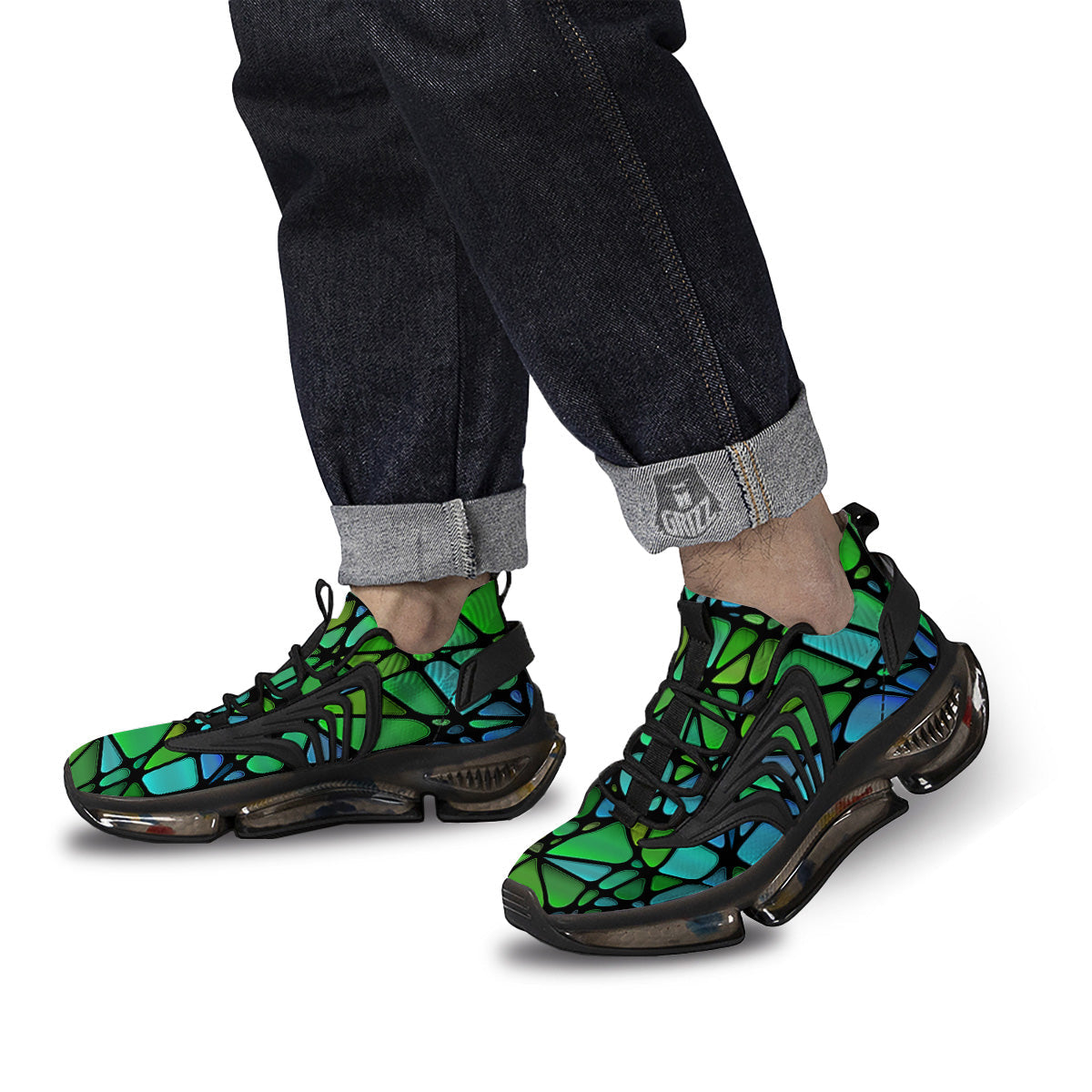 Stained Glass Green And Blue Print Black Gym Shoes-grizzshop