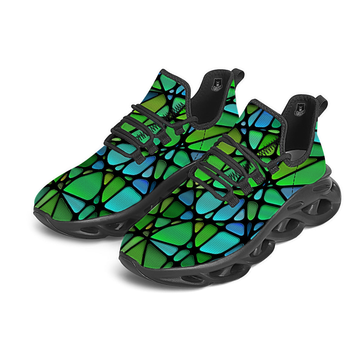 Stained Glass Green And Blue Print Black Running Shoes-grizzshop