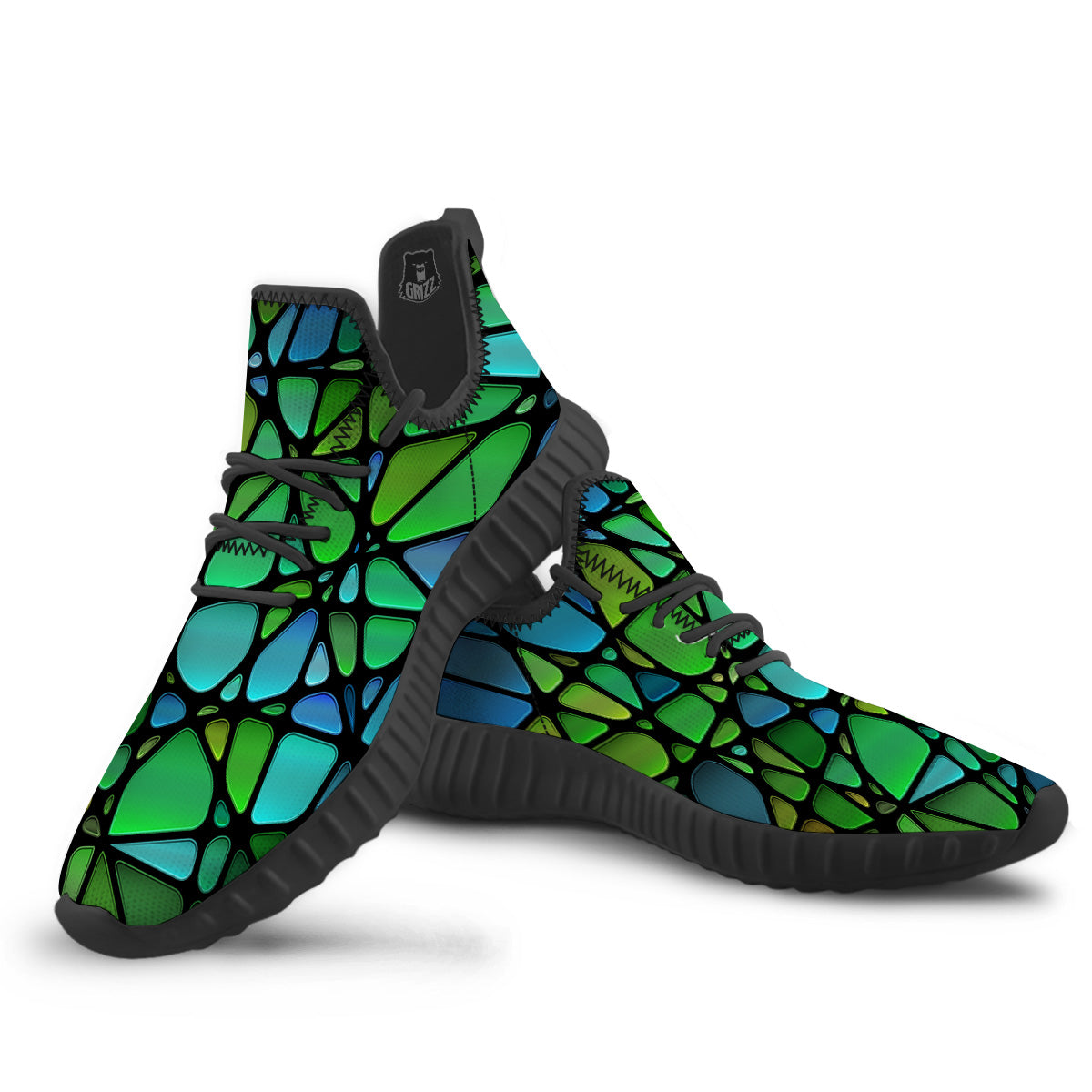 Stained Glass Green And Blue Print Black Walking Shoes-grizzshop