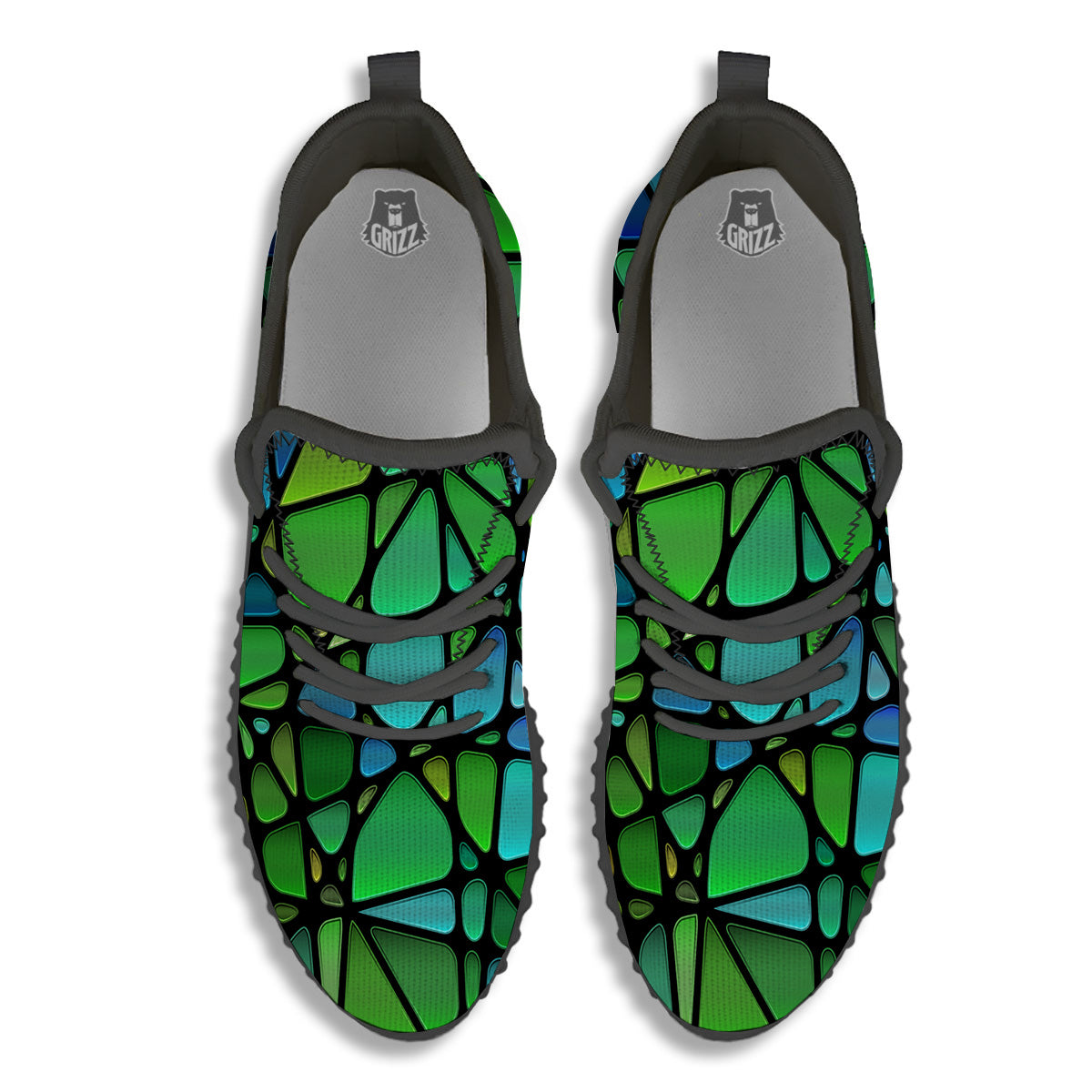 Stained Glass Green And Blue Print Black Walking Shoes-grizzshop