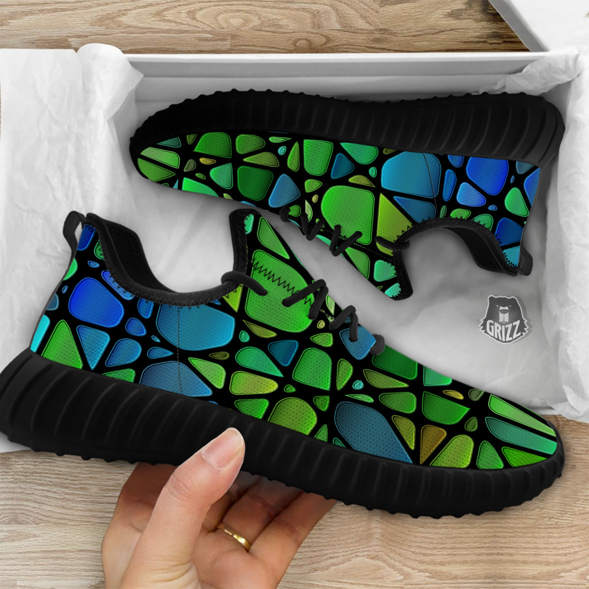 Stained Glass Green And Blue Print Black Walking Shoes-grizzshop