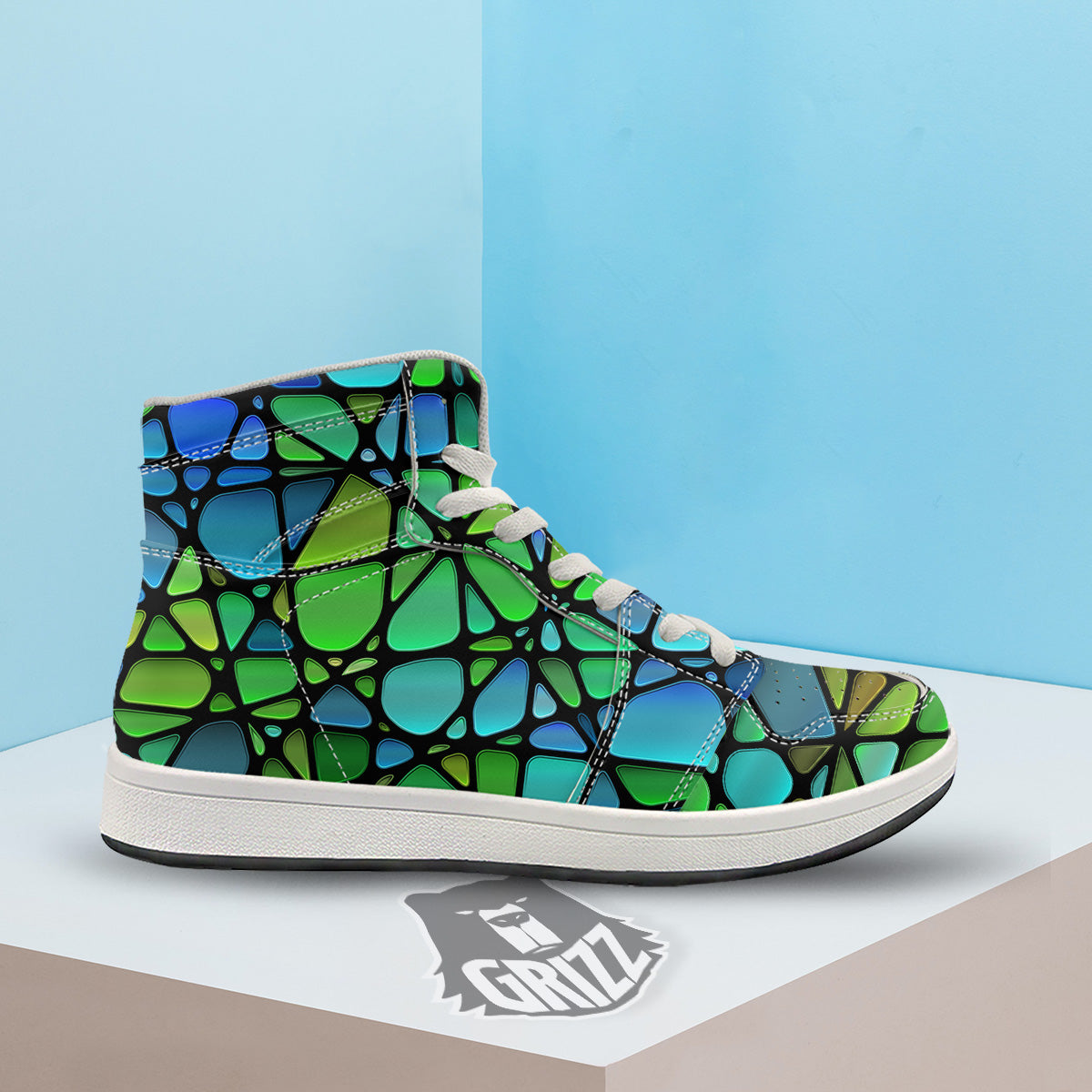 Stained Glass Green And Blue Print High Top Sneakers-grizzshop