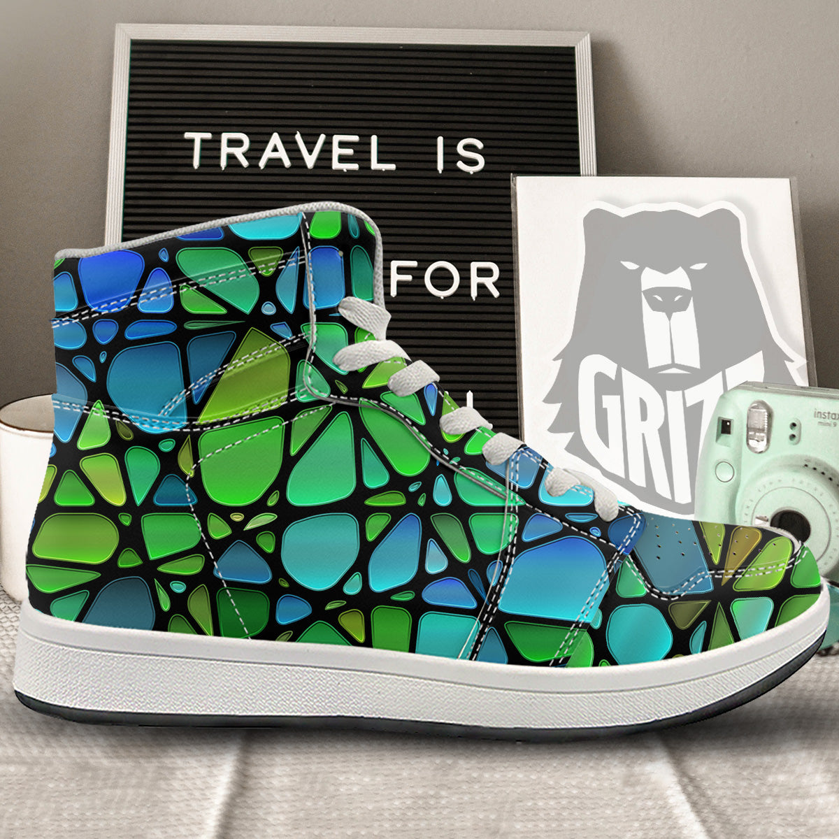 Stained Glass Green And Blue Print High Top Sneakers-grizzshop