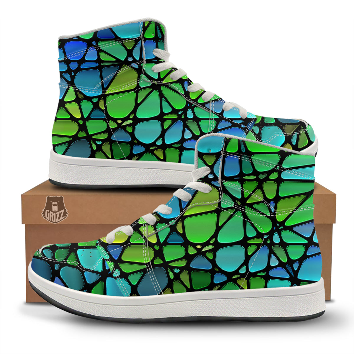 Stained Glass Green And Blue Print High Top Sneakers-grizzshop