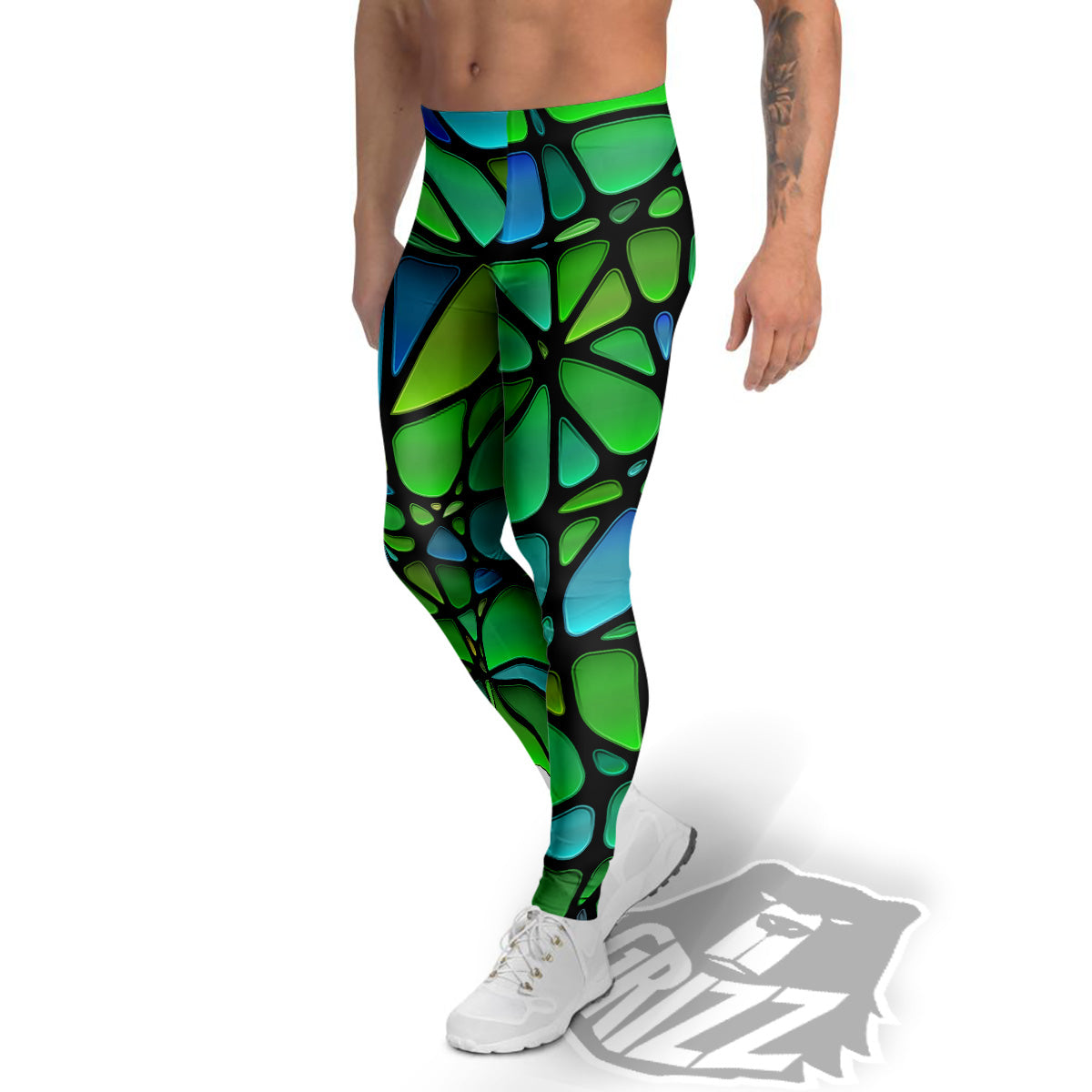 Stained Glass Green And Blue Print Men's Leggings-grizzshop