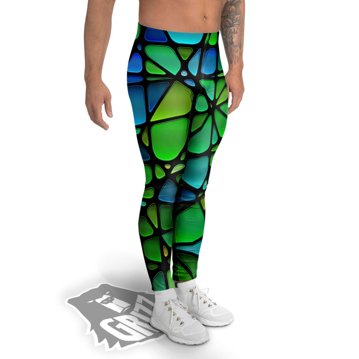 Stained Glass Green And Blue Print Men's Leggings-grizzshop