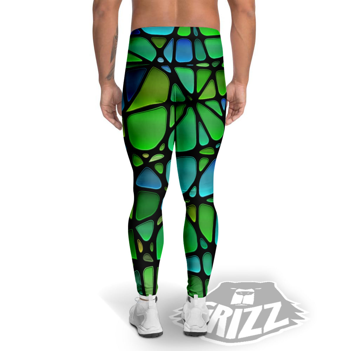 Stained Glass Green And Blue Print Men's Leggings-grizzshop