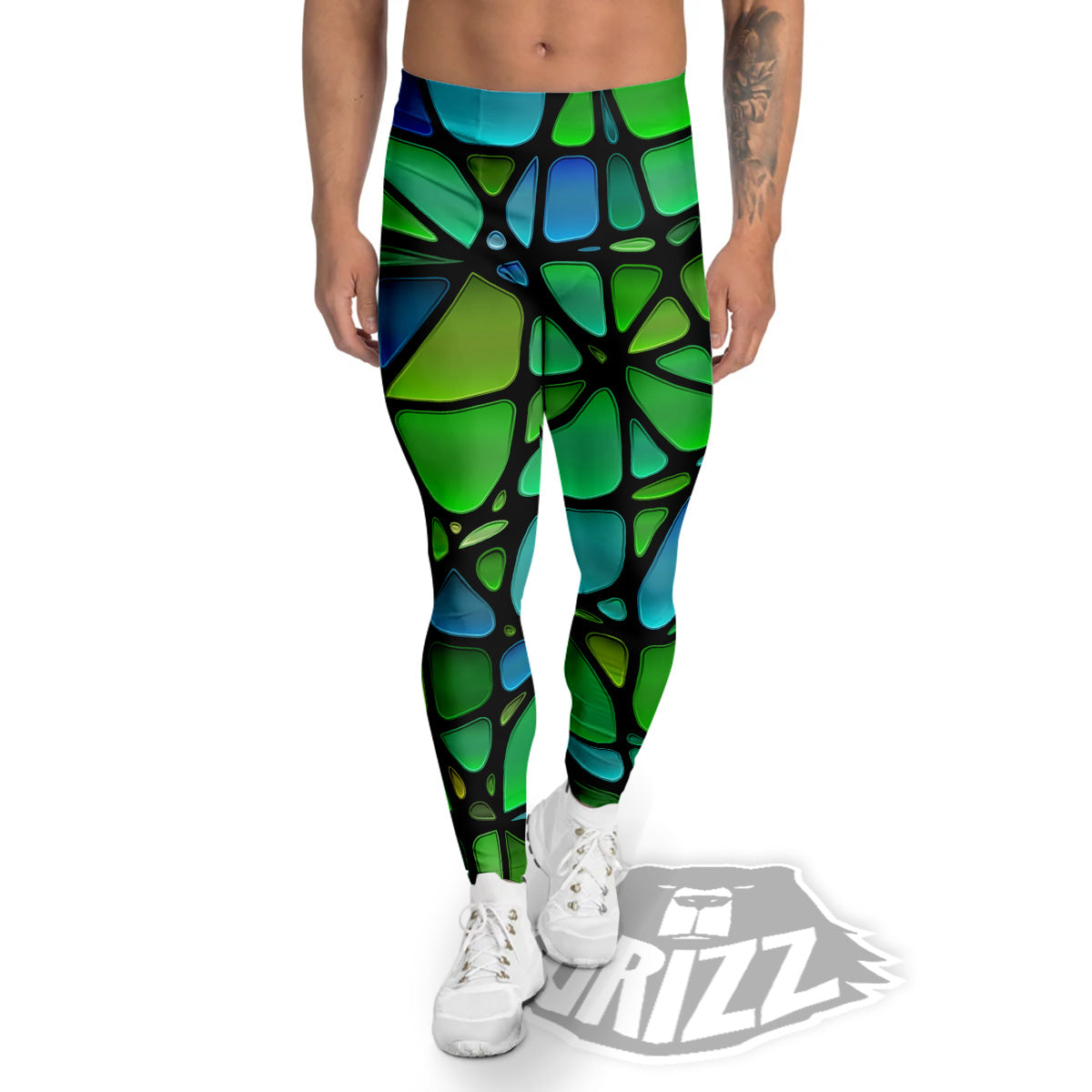 Stained Glass Green And Blue Print Men's Leggings-grizzshop