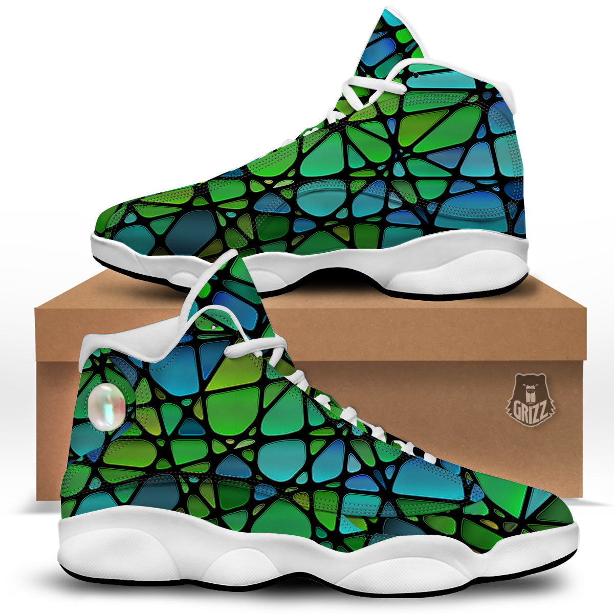 Stained Glass Green And Blue Print White Basketball Shoes-grizzshop