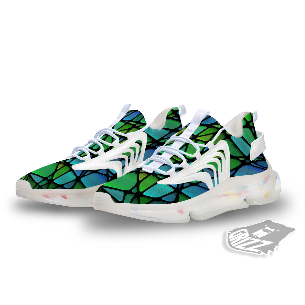 Stained Glass Green And Blue Print White Gym Shoes-grizzshop