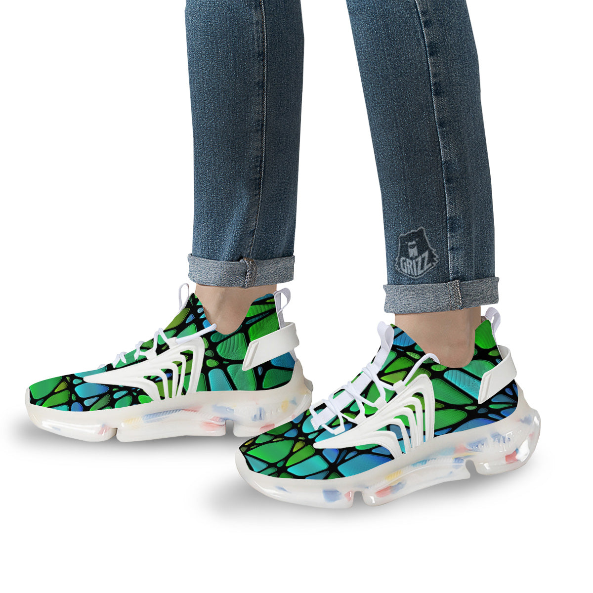 Stained Glass Green And Blue Print White Gym Shoes-grizzshop