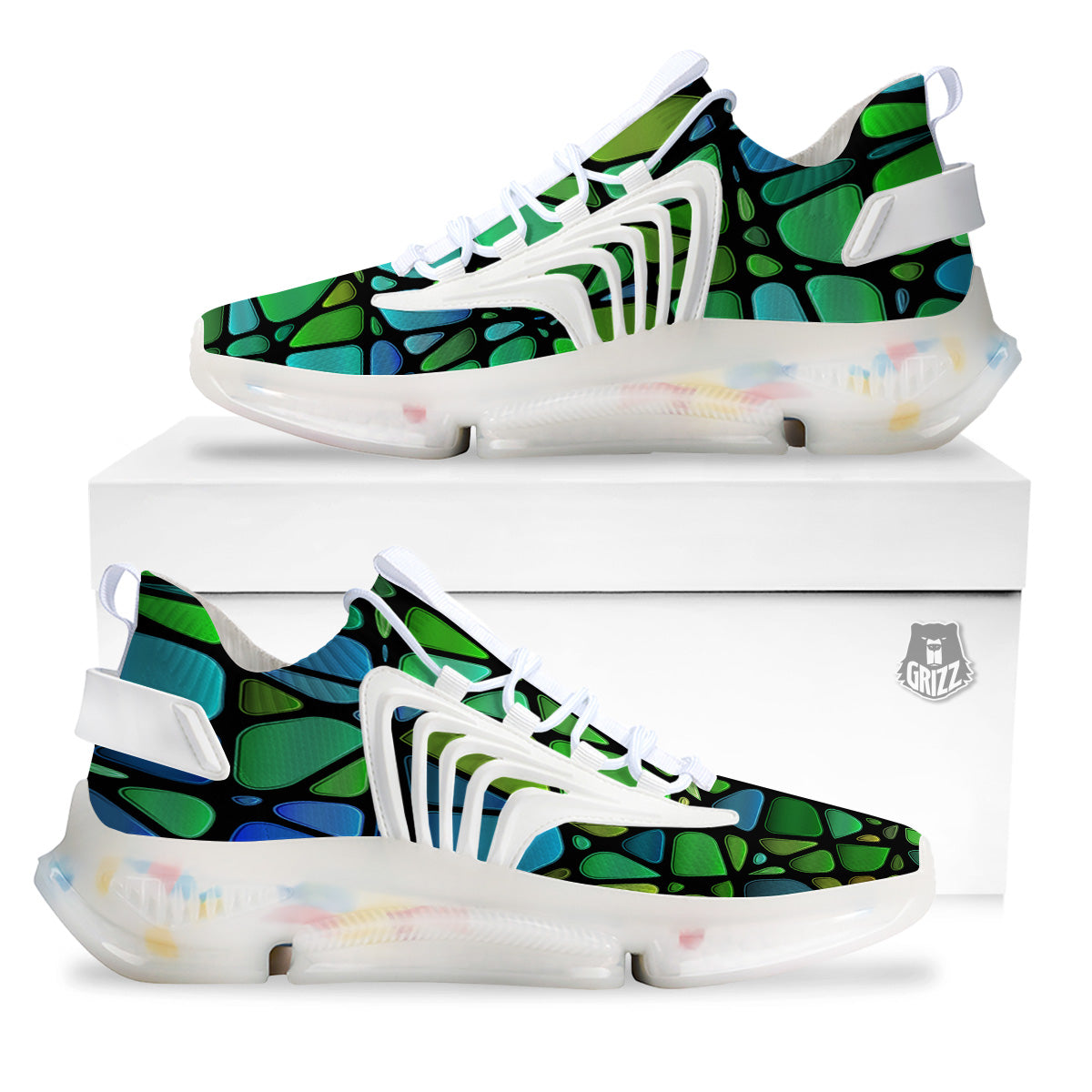 Stained Glass Green And Blue Print White Gym Shoes-grizzshop