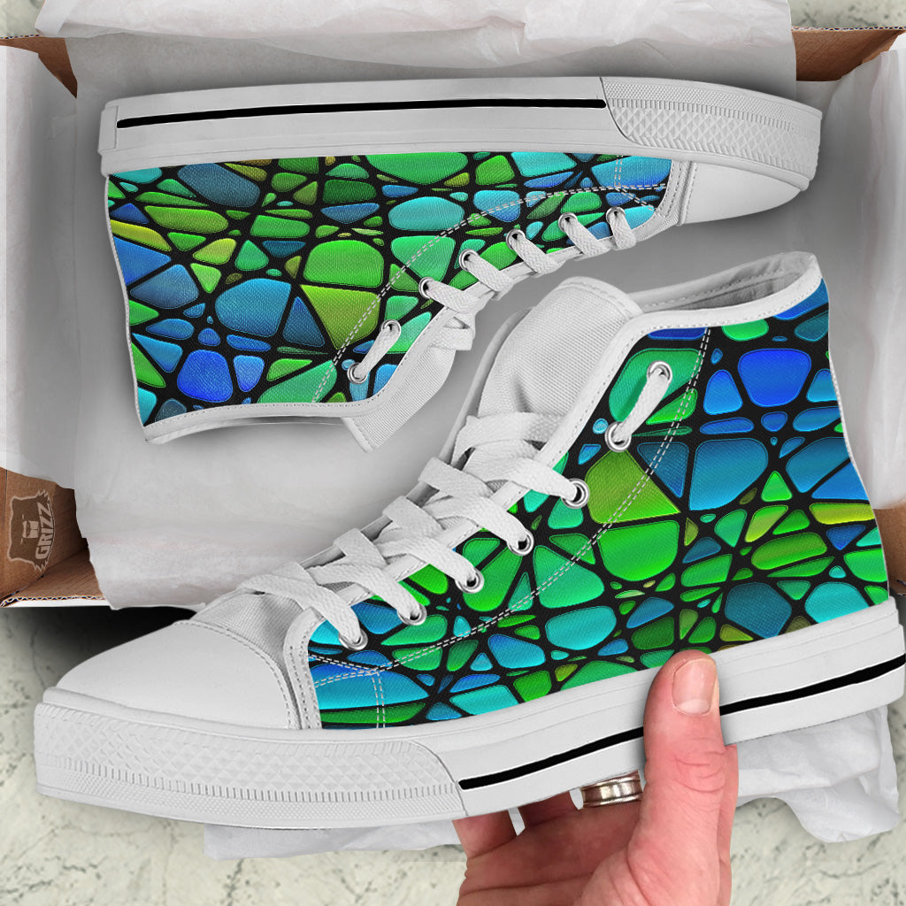 Stained Glass Green And Blue Print White High Top Shoes-grizzshop