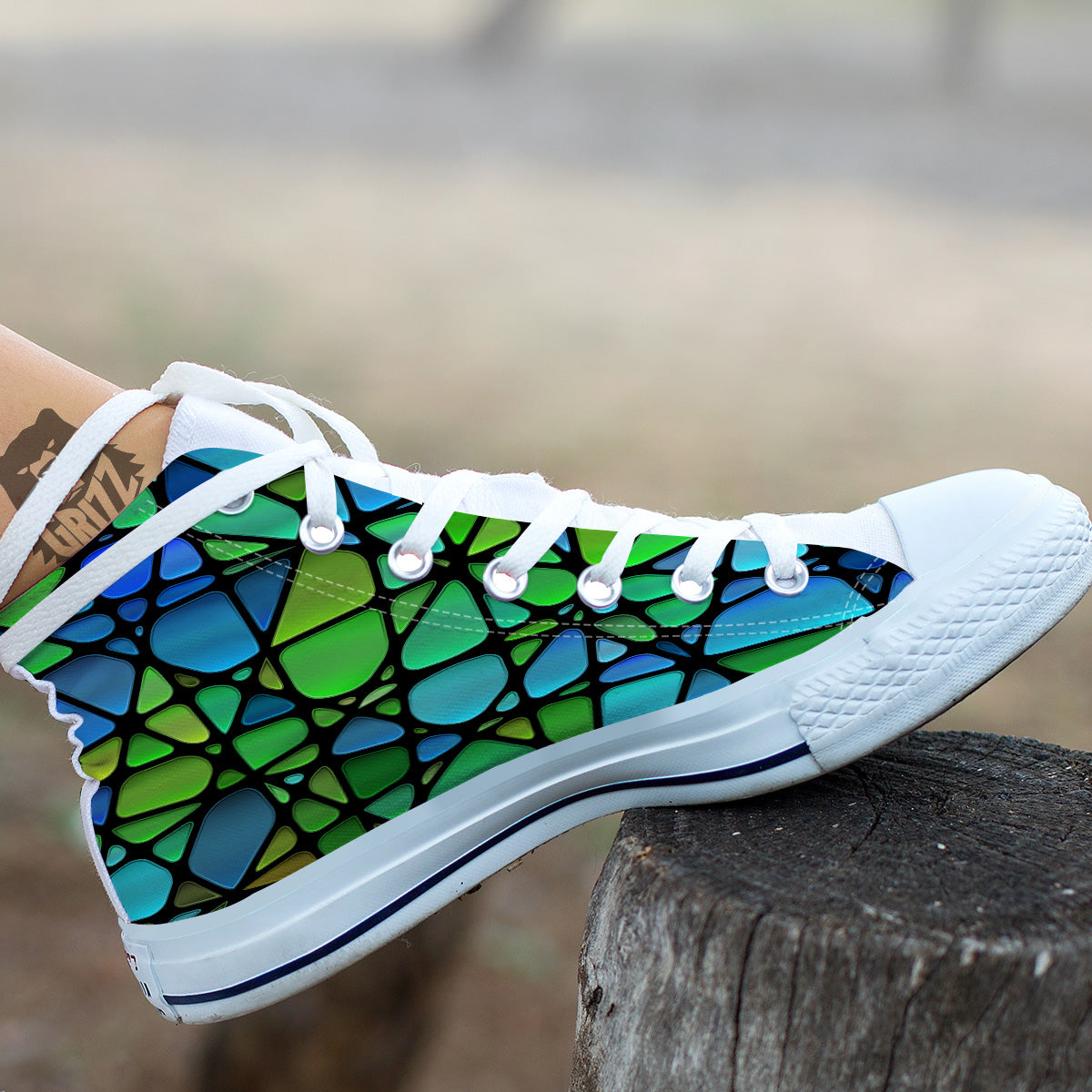 Stained Glass Green And Blue Print White High Top Shoes-grizzshop