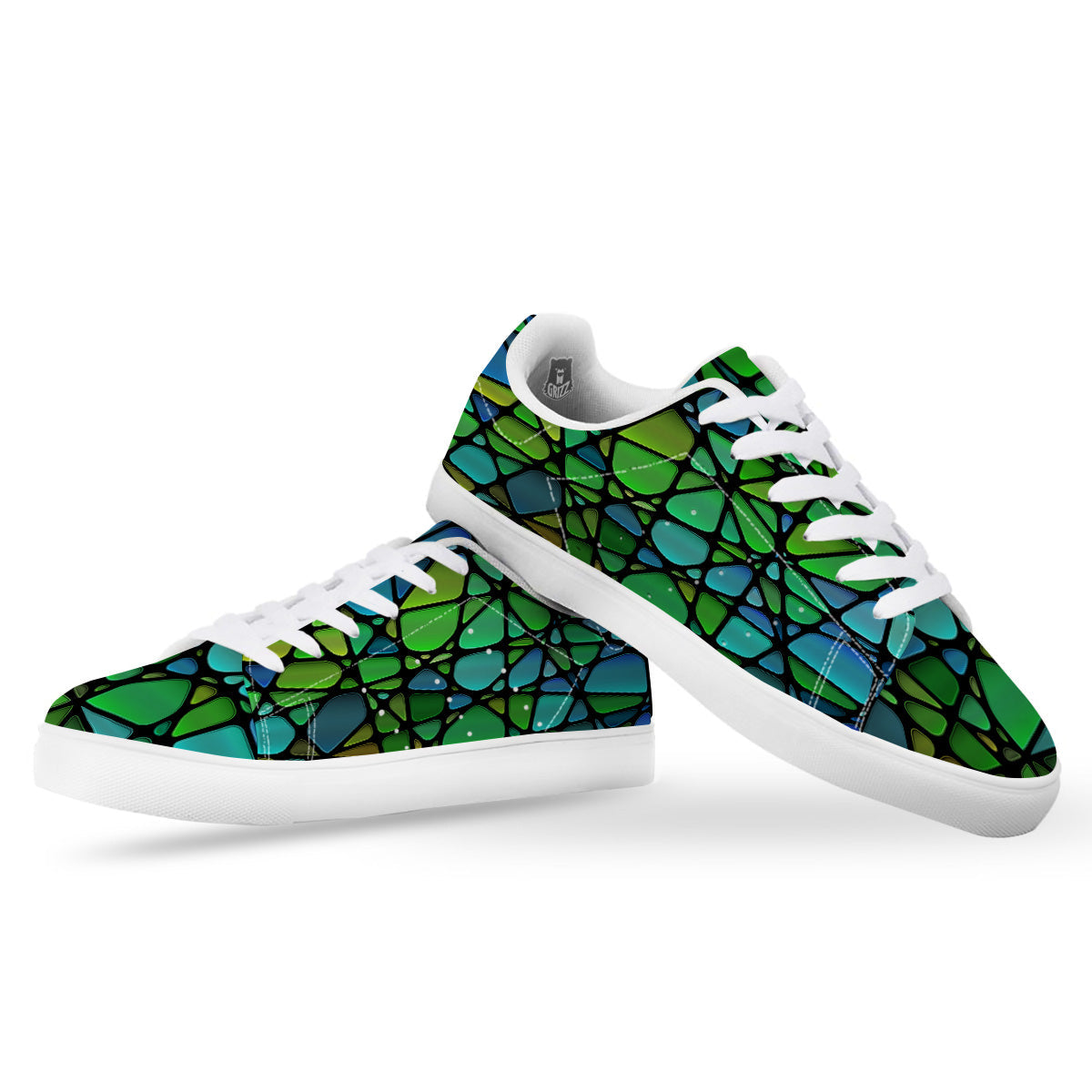 Stained Glass Green And Blue Print White Low Top Sneakers-grizzshop